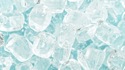 Freeze motion of flying ice cubes isolated on blue background.