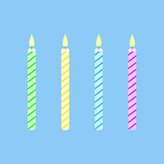 Set of striped candles in different colors. Wax candles for celebration. Decor for cake. Cartoon vector illustration. Flat graphic design