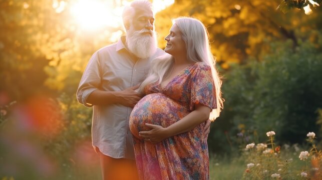 Happy Smiling Pregnant Old Couple Hugging In Green Park, Geriatric Pregnancy Advanced Maternal Age Concept, Loving Old Couple Waiting Birth Of Baby, Elderly Parents With Pregnant Belly, Generative AI