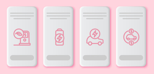 Set line Electric car charging station, Battery charge, and . White rectangle button. Vector