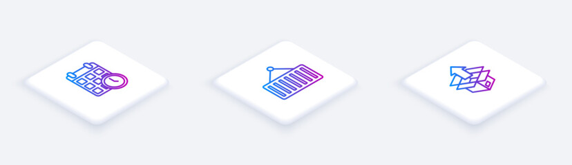 Set Isometric line Cardboard box with calendar, Container on crane and Unboxing. White square button. Vector