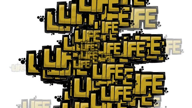 animated video scattered with the words LIFE on a white background