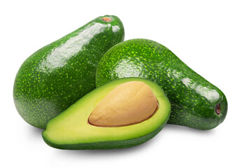Avocado isolated. Two ripe green avocados and half an avocado with a core on a transparent background.