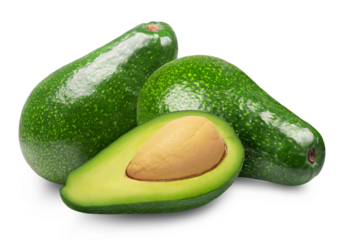 Avocado isolated. Two ripe green avocados and half an avocado with a core on a transparent background.