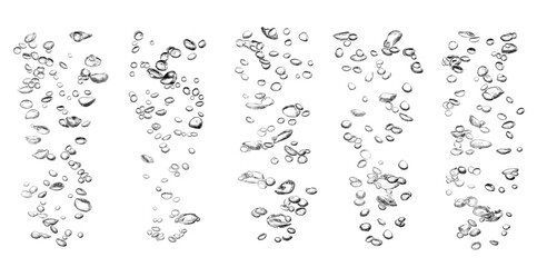Oxygen bubbles in transparent liquid underwater with bubbles rising on water surface on white background.