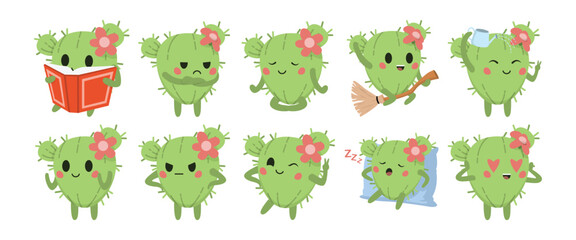 Cute Cactus Character Set Vector Illustrations. Cute Cactus Character Collections.