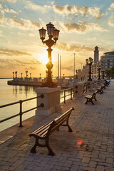 Bari seafront. Colorful amazing sunset. Coastline and city view.