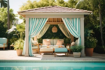 Poolside cabana, featuring a comfortable seating area, shade from the sun, and a cool breeze, perfect for relaxing and unwinding after a refreshing swim - Generative AI