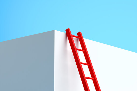 Close up red ladder leaning against a cube block. 3D render.