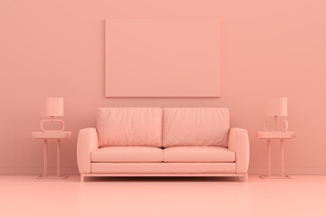Mock up empty or blank poster frame on a pink wall background with sofa, floor lamp and decorative plants. 3D Rendering Pink interior room space.