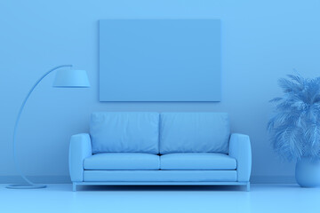 Mock up empty or blank poster frame on a blue wall background with sofa, floor lamp and decorative plants. 3D Rendering blue monochrome interior room space.