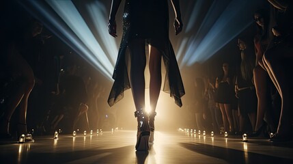 Model walks runway modeling fashions clothes by modern designer, low angle view with spotlights lighting, fashion show demonstrate new fashion trends by female supermodel on catwalk, generative AI