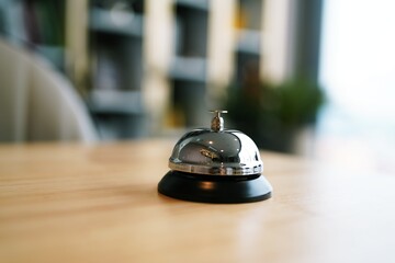 Hotel reception counter desk with service bell. front desk bell for call staff service.