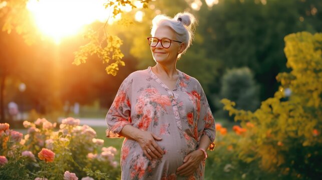 Happy Smiling Pregnant Old Woman Walking In Green Park, Geriatric Pregnancy Concept, Joyful Old Woman Waiting Birth Of Baby, Elderly Mother With Pregnant Belly, Advanced Maternal Age, Generative AI