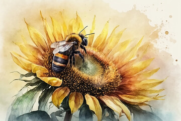 bee on sunflower in aquarelle style, ai generated - obrazy, fototapety, plakaty
