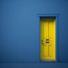 Yellow door on a plain blue background. Modern minimal concep.