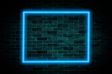 Blue neon flashlight square, on brick wall background.	