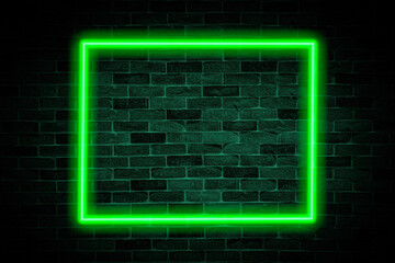 Green neon flashlight square, on brick wall background.	