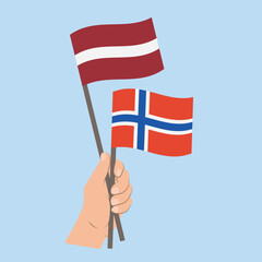 Flags of Latvia and Norway, Hand Holding flags