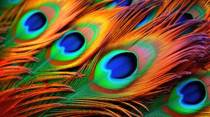 Colorful, abstract macro view of a peacock feather's iridescence, generative ai