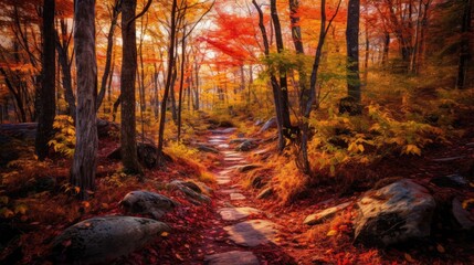 Fototapeta premium Colorful, autumnal forest scene with vibrant foliage, generative ai