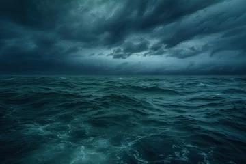 Gordijnen horror black blue sky, sea haunted cloud, scary ocean, depression background, mystery gloomy dark theme, blur texture, generative ai © Creative Station