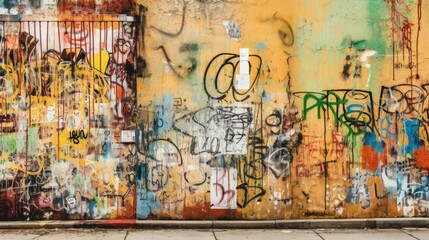 Fototapeta na wymiar Modern urban wall with peeling paint and graffiti, generative ai