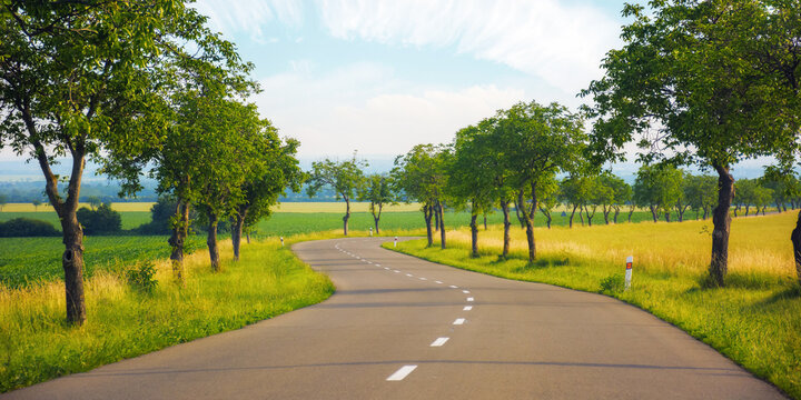 road winds through the lush green countryside. ride through the picturesque farmland of the rural surroundings
