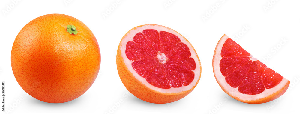 Wall mural grapefruit isolated set. collection of ripe grapefruits, half fruit and a slice of grapefruit on a t