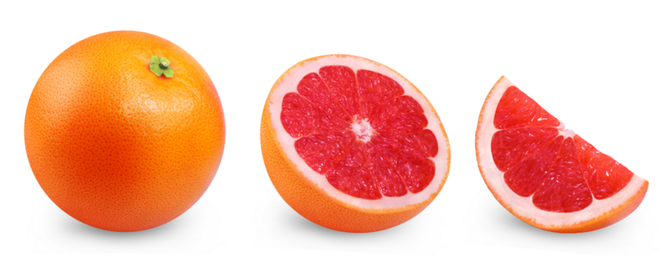Grapefruit isolated set. Collection of ripe grapefruits, half fruit and a slice of grapefruit on a transparent background.