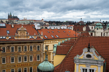 Panorama of Prague city with medieval , old architecture, Cathedrals, gothic towers and spires....