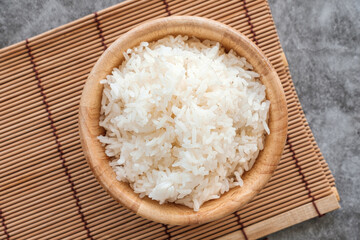 Thai Jasmine Rice in Wooden Bowl.