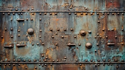 Rustic metal background with rivets and weathered patina, generative ai
