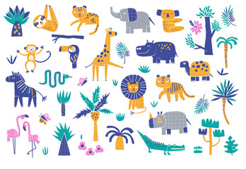 African jungle animals and plants shape cutouts style vector clip-art set isolated on white. Zebra, lion, tiger, leopard, elephant, rhino, hippo, turtle, croc, flamingo, giraffe kid illustration