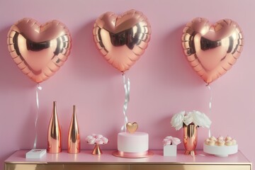 Air Balloons of heart shaped foil on pastel pink background. Love concept. Holiday celebration, generative ai