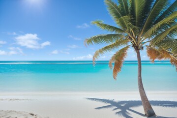 a sandy beach with palm trees and the ocean in the background, generative ai