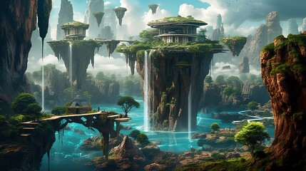 Surreal landscape with floating islands and waterfalls, generative ai