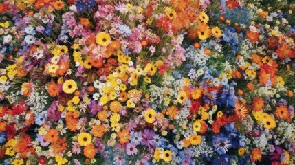 Top-down view of a densely packed, colorful flower field, generative ai