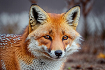 Red Fox - Vulpes vulpes, sitting up at attention, direct eye contact, bokeh in background, generative ai