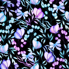 Transparent watercolor butterflies and leaves seamless pattern. Endless background in delicate colors. Hand drawn print for clothes and wallpapers.