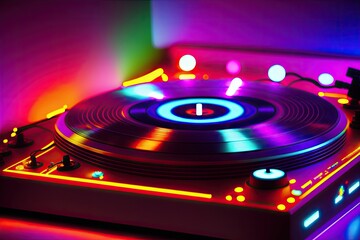 Fototapeta na wymiar DJ Turntables Neon Sketch, colorful light, generative ai