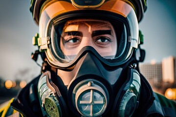 Close up portrait of face firefighter wearing protective uniform and an protective mask, generative ai