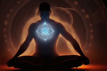 Concept of meditaion. Sacral energy flows through prayer body on his way to enlightment. Yoga pose, generative ai - obrazy, fototapety, plakaty
