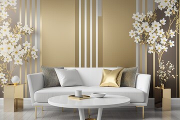 Luxury classic living room interior wtih white and gold tree decoration, generative ai