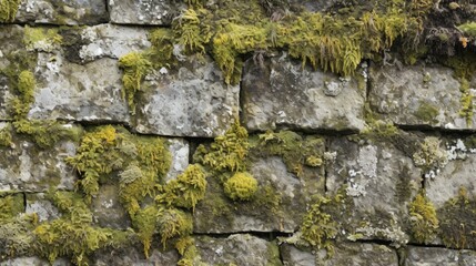 Weathered stone wall texture with moss and lichen, generative ai