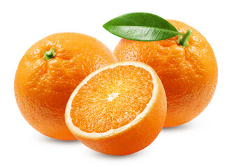 Orange isolated. Ripe oranges and half an orange on a white background.