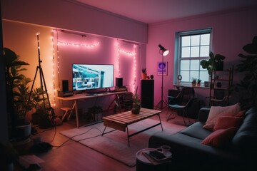Gen Z living room featuring makeshift social media filming studio, neon LED rope lights, ambient geometric lamps and throw pillows, gaming PC. Generative AI