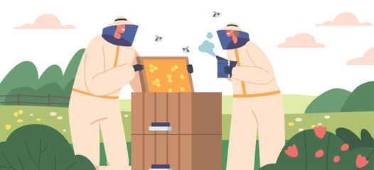 Apiarist Characters in Protective Uniform and Hat Care of Bees Smoking Hive with Honeycombs. Beekeeping Apiary