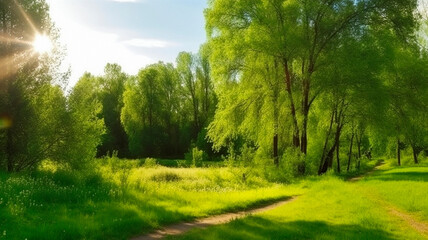 Fototapeta na wymiar Summer warm landscape with green field and park. High quality illustration Generative AI