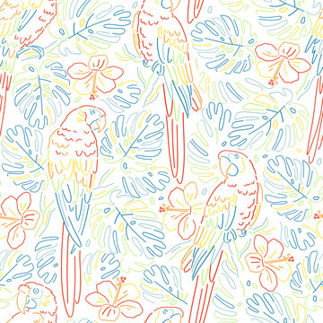 Colourful lines tropical parrot monstera leaf vector seamless pattern. Ara macaws paradise bird background. Linear sketchy style backdrop.